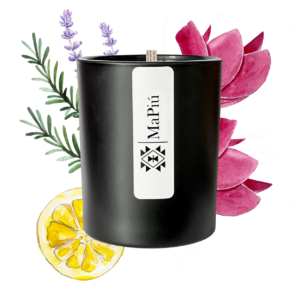 original luxury scented candle, aromatherapy, calmness and peace, lemon, rose, lavender, rosemary, musk