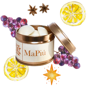 buttons vegan soy scented wax melts tin, lets get festive, festive mulled wine scent, cinnamon, apple, berry, orange, brandy, clove, ginger, vanilla