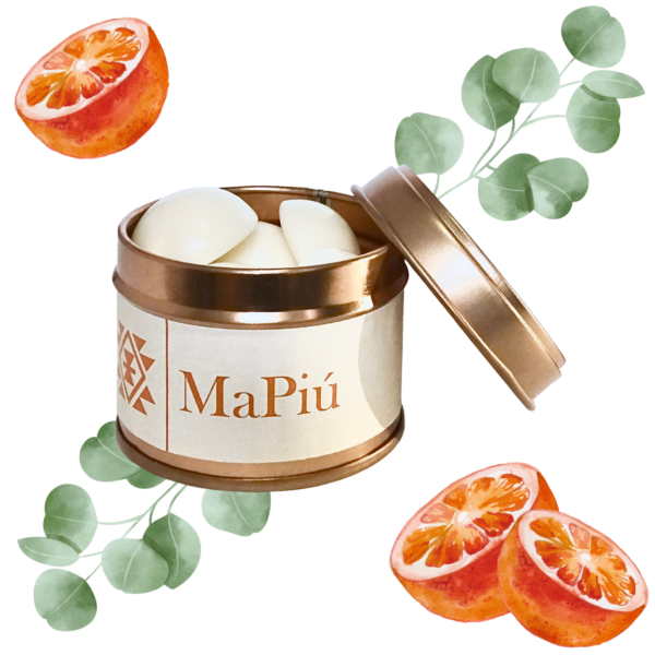 buttons vegan soy scented wax melts tin, spiced orange, a rich and spicy winter fragrance, orange, eucalyptus, clove, cinnamon, vanilla