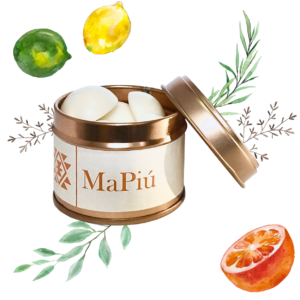 buttons vegan soy scented wax melts tin, breeze, revitalizing and refreshing fragrance, lemon, orange, bergamot, mint