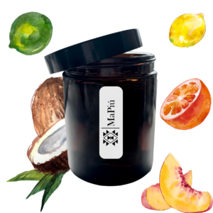 apothecary vegan soy scented candle, summer joy, irresistible, coconut, lime, orange, lemon, strawberry, peach, vanilla