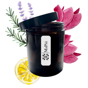 apothecary vegan soy scented candle, tranquility, aromatherapy, calmness and peace, lemon, rose, lavender, rosemary, musk