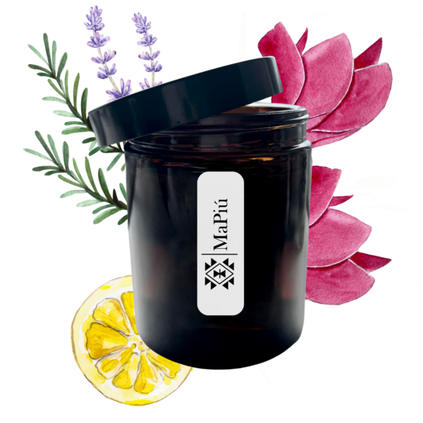 apothecary vegan soy scented candle, tranquility, aromatherapy, calmness and peace, lemon, rose, lavender, rosemary, musk
