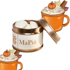 buttons vegan soy scented wax melts tin, pumpkin spiced latte, cinnamon, nutmeg, ginger, coffee, sugar, vanilla