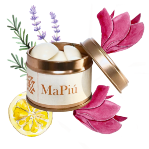buttons vegan soy scented wax melts tin, tranquility, aromatherapy scented candle, calmness and peace, lemon, rose, lavender, rosemary, musk