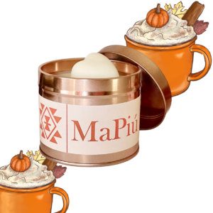 large rose gold tin candle pumpkin spiced latte, cinnamon, nutmeg, ginger, coffee, sugar, vanilla