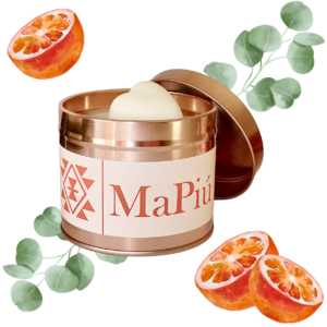 large rose gold tin candle spiced orange, rich and spicy winter fragrance, orange, eucalyptus, clove, cinnamon, vanilla