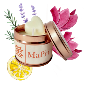 small rose gold candle tin tranquility, aromatherapy scented candle, calmness and peace, lemon, rose, lavender, rosemary, musk