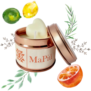 small rose gold candle tin breeze, revitalizing and refreshing fragrance, lemon, orange, bergamot, mint
