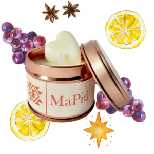 small rose gold candle tin lets get festive, festive mulled wine scent, cinnamon, apple, berry, orange, brandy, clove, ginger, vanilla