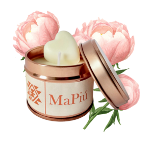 small rose gold candle tin lychee peony, fruity and floral fragrance, raspberry, lychee fruit, peony, peach, jasmine, rosewood
