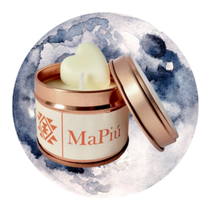 small rose gold candle tin moonlit nights, summer scent, bergamot, orange, peach, coconut, jasmine, amber, vanilla, musk