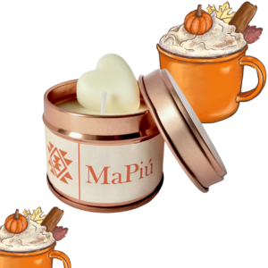 small rose gold candle tin pumpkin spiced latte, pumpkin spiced latte, cinnamon, nutmeg, ginger, coffee, sugar, vanilla