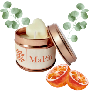 spiced orange small rose gold candle tin, a rich and spicy winter fragrance, orange, eucalyptus, clove, cinnamon, vanilla