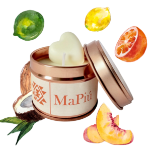 small rose gold candle tin summer joy, irresistible scent with coconut, lime, orange, lemon, strawberry, peach, floral, vanilla, sugar