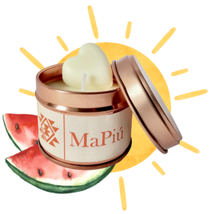 small rose gold candle tin sunny days, refreshing mix with lemon, orange, melon, watermelon, coconut, and sugar candy
