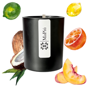 original luxury scented candle summer joy, irresistible scent, coconut, lime, orange, lemon, strawberry, peach, floral, vanilla, sugar
