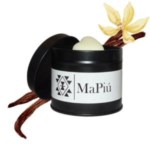 black tin vegan candle, creamy vanilla scent, tonka, sugar