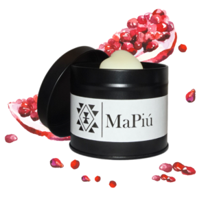 black tin vegan candle, aromatherapy, pomegranate, raspberry, lime, red cherry, honey, vanilla, musk, cedarwood, rose