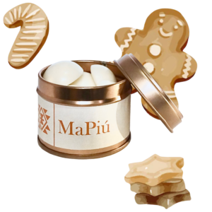 buttons vegan soy scented wax melts tin gingerbread cookies, cinnamon, ginger, spices, orange, biscuit, vanilla