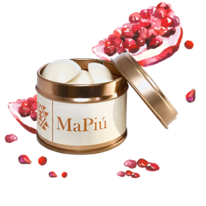 wax melts buttons tin, vegan soy scented, pomegranate, refreshing, pomegranate, raspberry, lime, red cherry, honey, vanilla, musk, cedarwood, rose