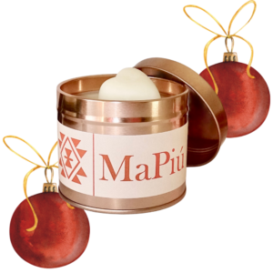 large rose gold tin candle feels like christmas, pine, eucalyptus, orange, pear, cinnamon, clove, vanilla