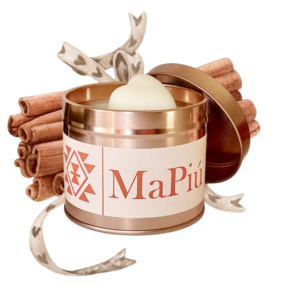large rose gold tin candle sweet cinnamon, autumn, holiday scent with cinnamon, clove, almond, vanilla