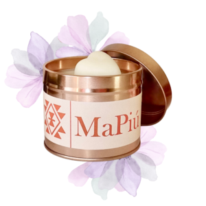 large rose gold tin candle warm hug, delicious, calm, coconut, cocoa, vanilla, floral, amber, musk