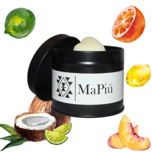 black tin vegan candle, summer joy, irresistible scent with coconut, lime, orange, lemon, strawberry, peach, floral, vanilla