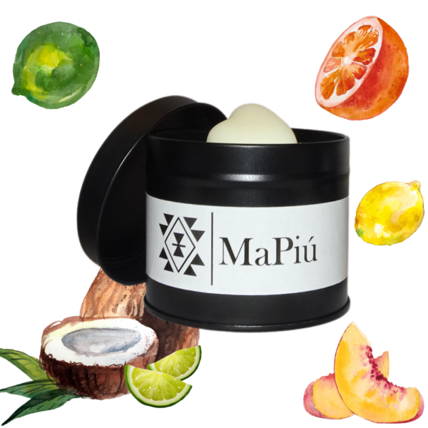 black tin vegan candle, summer joy, irresistible scent with coconut, lime, orange, lemon, strawberry, peach, floral, vanilla