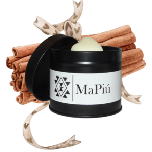 black tin vegan candle, aromatherapy, sweet cinnamon, an exciting autumn and holiday scent with cinnamon, clove, almond, and vanilla