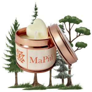 small rose gold candle tin forest walks, uplifting fragrance with fresh pine, berries, cinnamon, clove, jasmine, iris, musk, fir balsam