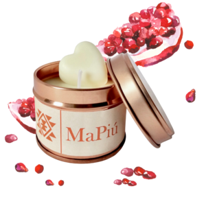 small rose gold candle tin pomegranate, refreshing, pomegranate, raspberry, lime, red cherry, honey, vanilla, musk, cedarwood, rose