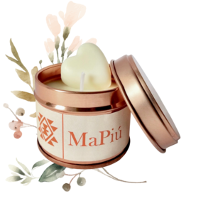 small rose gold tin candle serenety spice, aromatherapy, hug, woody fragrance, warm, cinnamon, bergamont, clove, amber