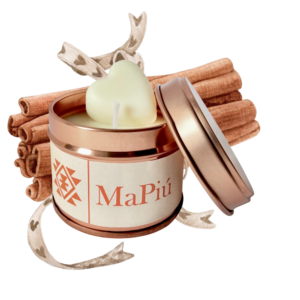 small rose gold candle tin sweet cinnamon, an exciting autumn and holiday scent with cinnamon, clove, almond, and vanilla