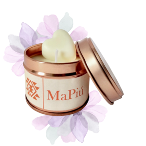 small rose gold tin candle warm hug, delicious, calm, coconut, cocoa, vanilla, floral, amber, musk