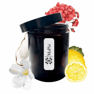 apothecary style scented candle in glass container with jasmine geranium coconut patchouli bali fragrance mapiu uk