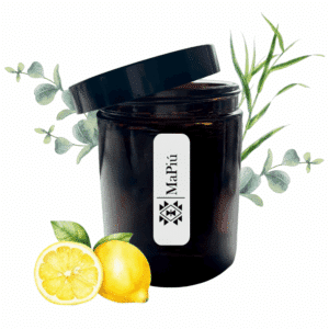 apothecary style scented candle in glass container with lemon eucalyptus rosemary citronella patchouli fragrance mapiu uk