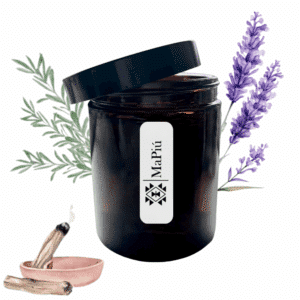 apothecary style scented candle in glass container natural fragrance with notes of palo santo, herbs pine lavender rosemary mapiu uk