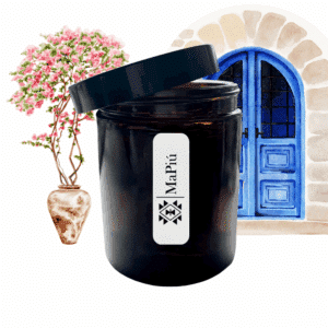 apothecary style santorini scented candle in glass container with neroli orange ylang ylang jasmine musk fragrance