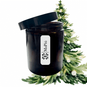 apothecary style scented candle in glass container with pine clove cinnamon fir christmas tree fragrance mapiu uk