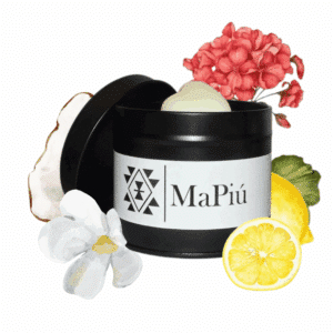 black tin vegan soy wax scented candle with jasmine geranium coconut patchouli bali fragrance mapiu uk