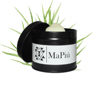 black tin vegan soy wax fresh cut grass scented candle with green notes rose cyclamen fragrance mapiu uk
