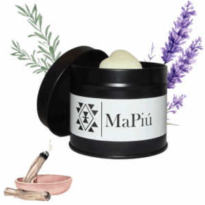 black tin vegan soy wax scented candle cruelty free with palo santo fragrance of herbs pine lavender rosemary mapiu uk