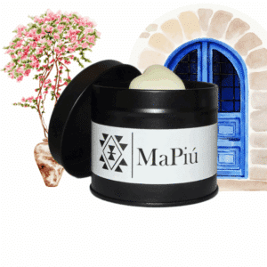 black tin vegan soy wax scented candle with neroli orange ylang ylang jasmine musk santorini fragrance mapiu uk