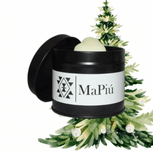 black tin vegan soy wax scented candle with pine clove cinnamon fir christmas tree fragrance mapiu uk