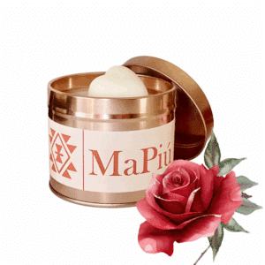 large rose gold tin scented candle with premium soy wax orange rose geranium clove patchouli black rose and oud fragrance mapiu uk