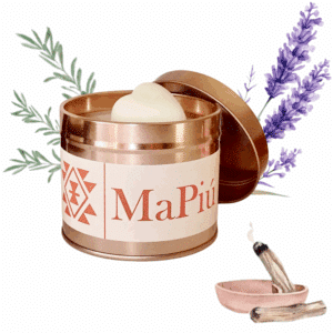 large rose gold tin scented candle with premium soy wax and palo santo fragrance of herbs pine lavender rosemary mapiu uk