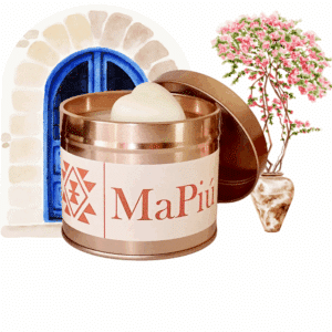 large rose gold tin santorini scented candle with premium soy wax neroli orange ylang ylang jasmine musk fragrance mapiu uk