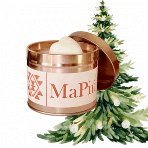 large rose gold tin scented candle with premium soy wax pine clove cinnamon fir christmas tree fragrance mapiu uk